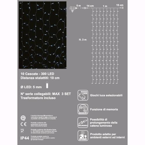 Tenda Cascata Luminosa Luci Natale 300 LED Bianco Freddo 300x100 cm con Giochi D2504