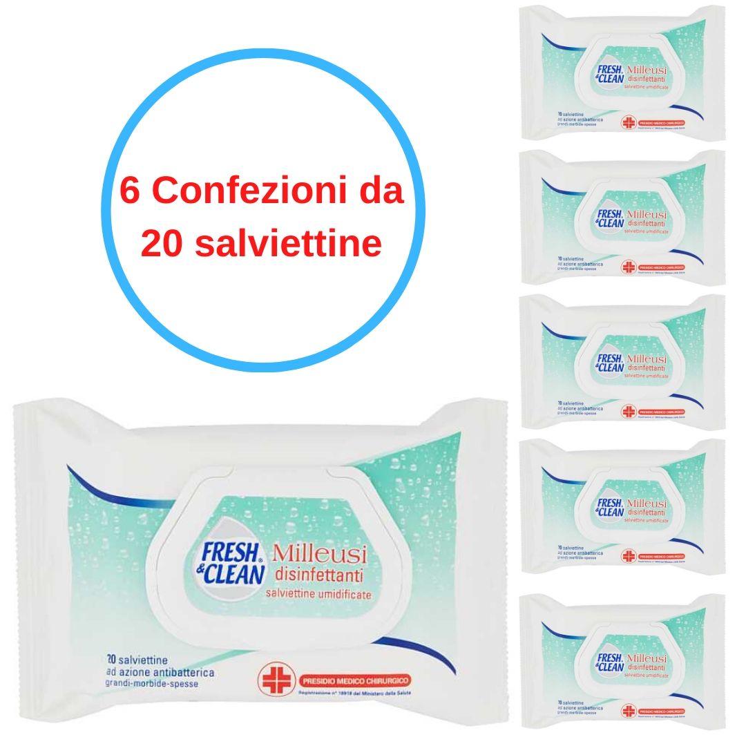 Salviettine umidificate disinfettanti fresh&clean 6 dispenser da 20 pezzi antibatteriche