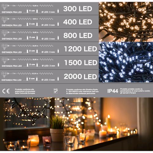 Serie Luci Natale 1200 Micro Led Luce Fredda Giochi Luce Filo 26 mt Uso Esterno D3320