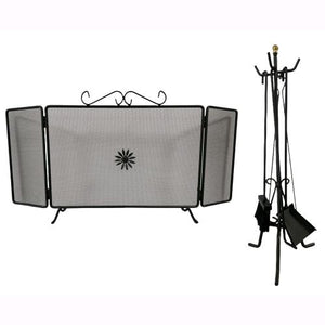 Set Camino in Ferro Battuto Nero con Parascintille 100x48cm e Kit Attrezzi 58cm