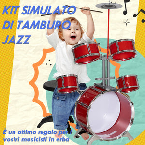 Batteria Musicale Giocattolo per Bambini Grancassa 4 Tamburi e Piatti con Bacchette e Sgabello Rosso