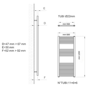 Termoarredo scaldasalviette tubolare tondo acciaio colore bianco opaco *** finitura- bianco opaco, misure h1200xl600x...