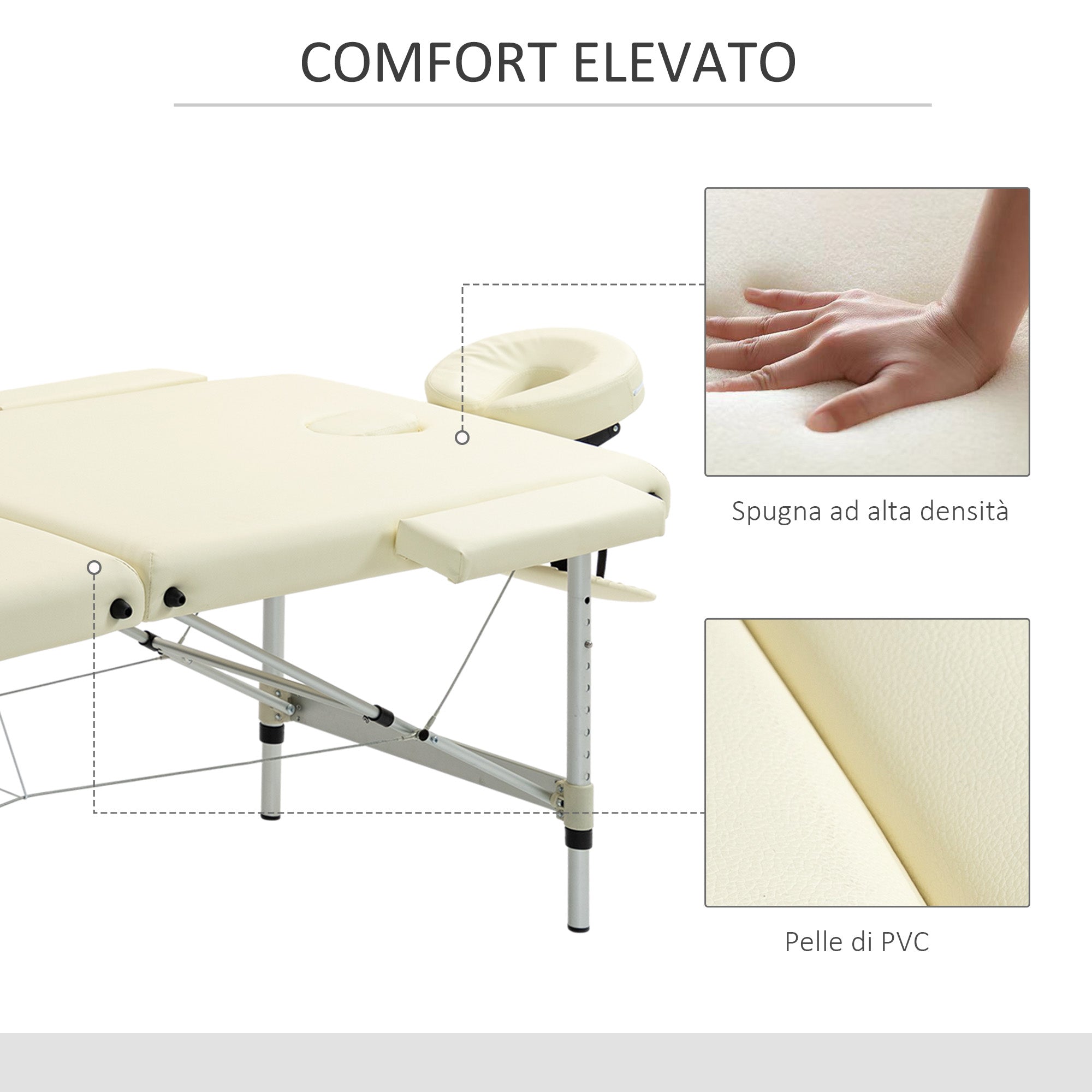 Lettino Massaggi Portatile Pieghevole 185x70x59-84 cm in Alluminio e Similpelle Bianco