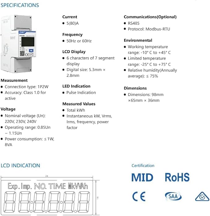 Smart meters saj contatore chint impianto fotovoltaico *** corrente monofase, confezione 1