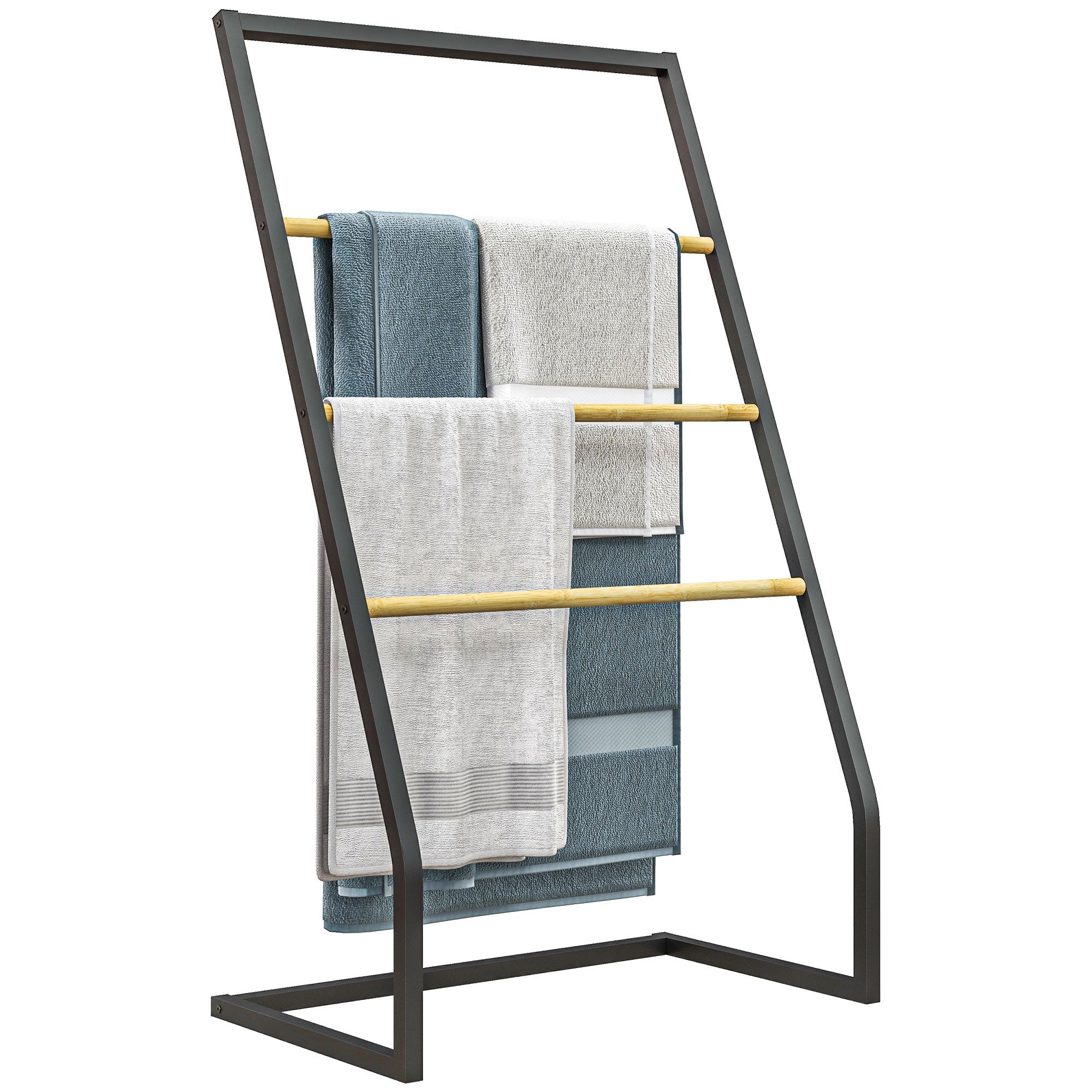 Piantana Portasciugamani da Bagno da Terra 4 Sbarre 60x35x102 cm in Bambù e Acciaio Nero