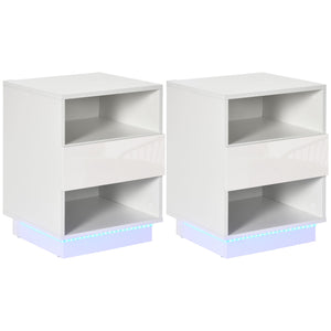 Set 2 Comodini con LED 40x40x55 cm 2 Ripiani 1 Cassetto in Truciolato Bianco