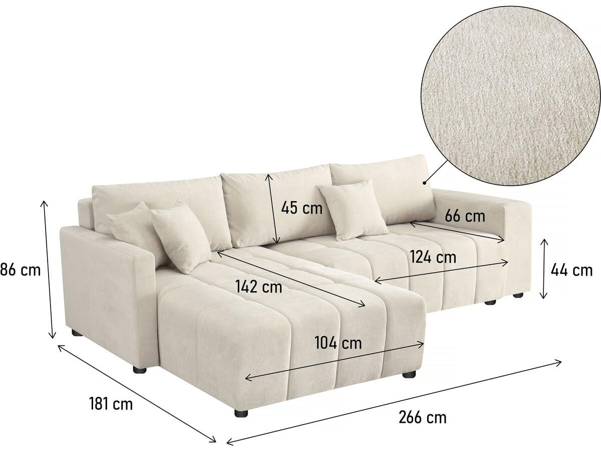 Divano Angolare Convertibile 3 Posti Tessuto Ciniglia Beige 250x200cm Palozi