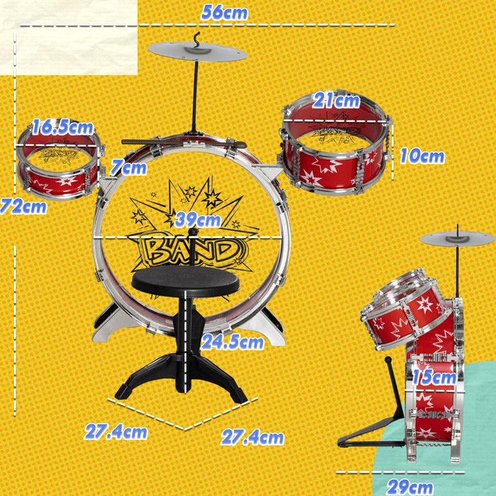 Batteria Musicale Giocattolo per Bambini Grancassa 2 Tamburi e Piatti con Bacchette e Sgabello Rosso