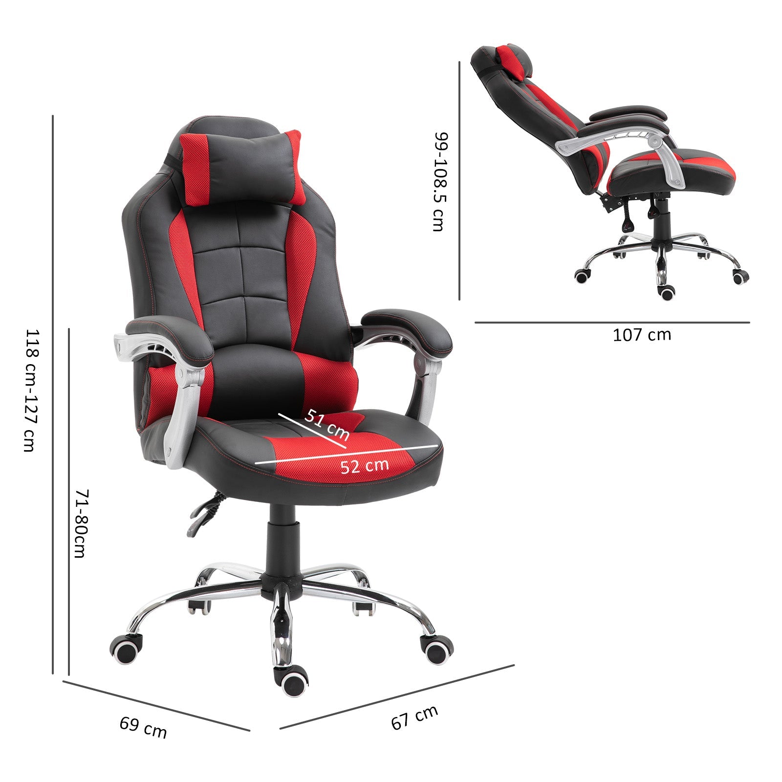 Sedia da Gaming Ergonomica 67x69x118-127 cm in Similpelle Rosso e Nero