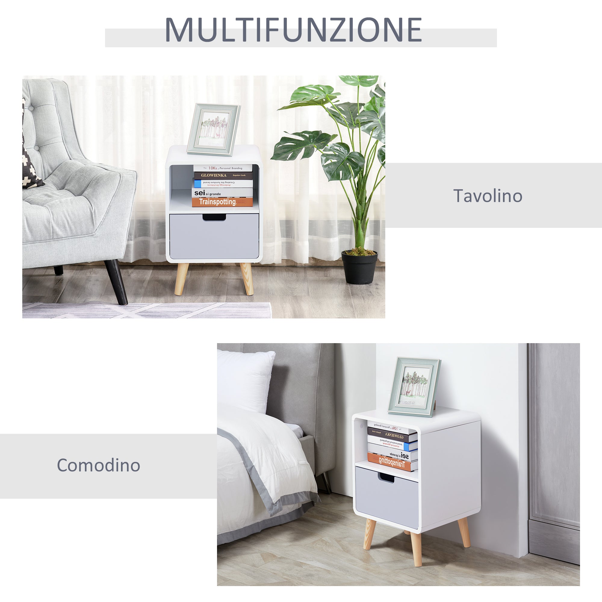 Comodino 1 Cassetto 1 Ripiano 40x38x58 cm in Legno  Bianco e Grigio