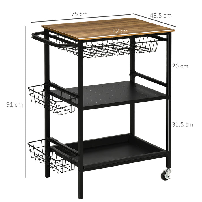 Carrello da Cucina 3 Livelli 75x43,5x91 cm con 2 Ruote e Cesto Estraibile color Legno e Nero