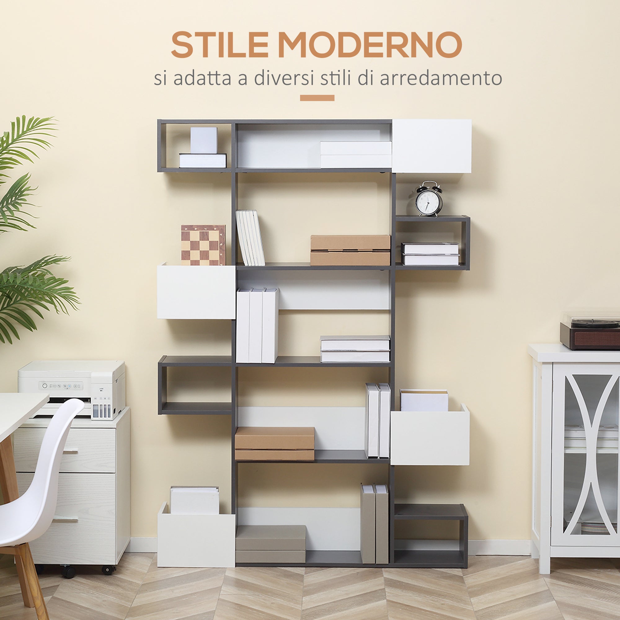 Libreria Moderna a 5 Livelli con 8 Ripiani 120x20x171 cm in Truciolato Grigia e Bianca