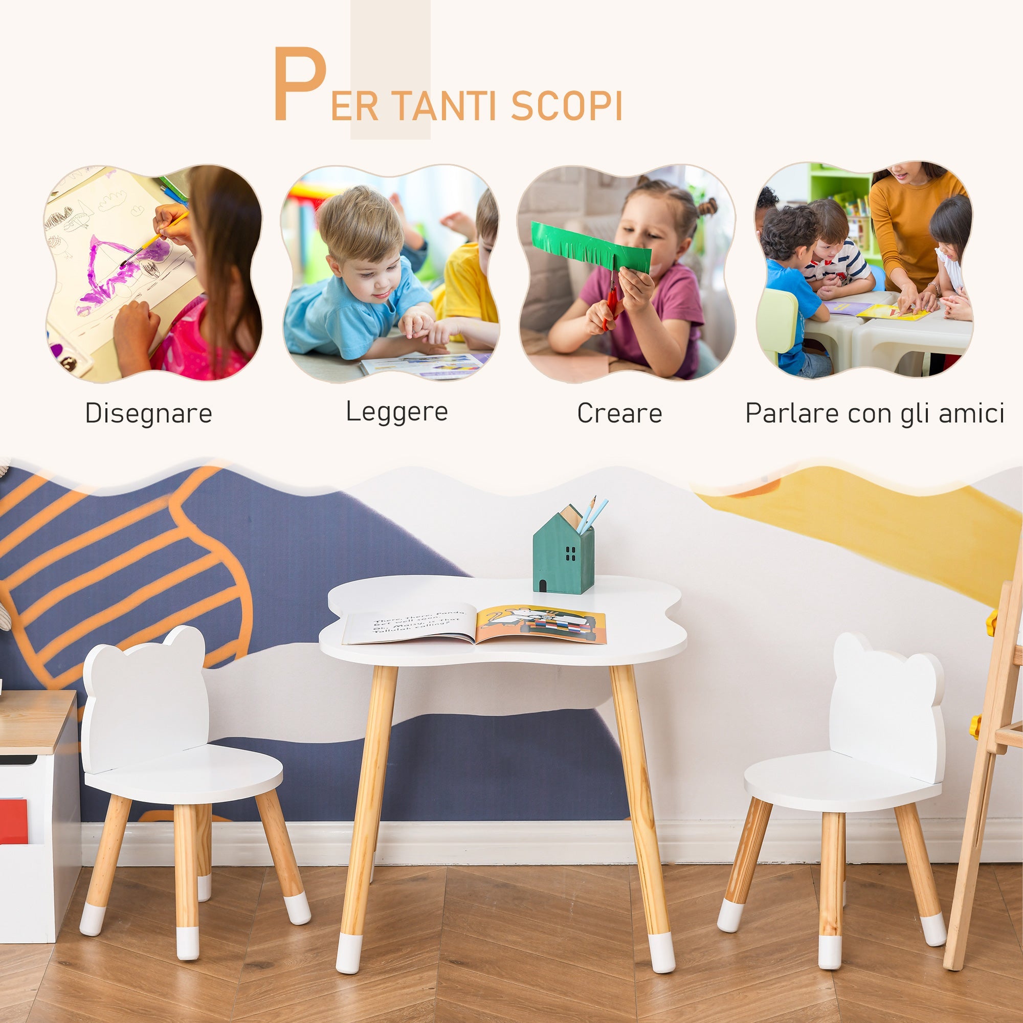 Set Tavolino con 2 Sedie per Bambini a Forma di Orsetto in Legno di Pino e MDF Bianco