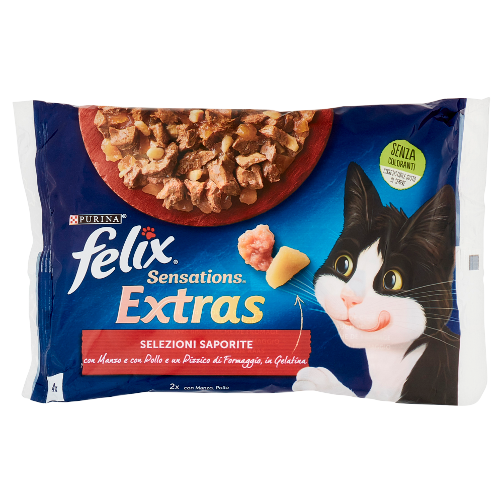 Purina felix sensations extras con manzo formaggio pollo & bacon 10 confezioni da 4 buste da 100 grammi