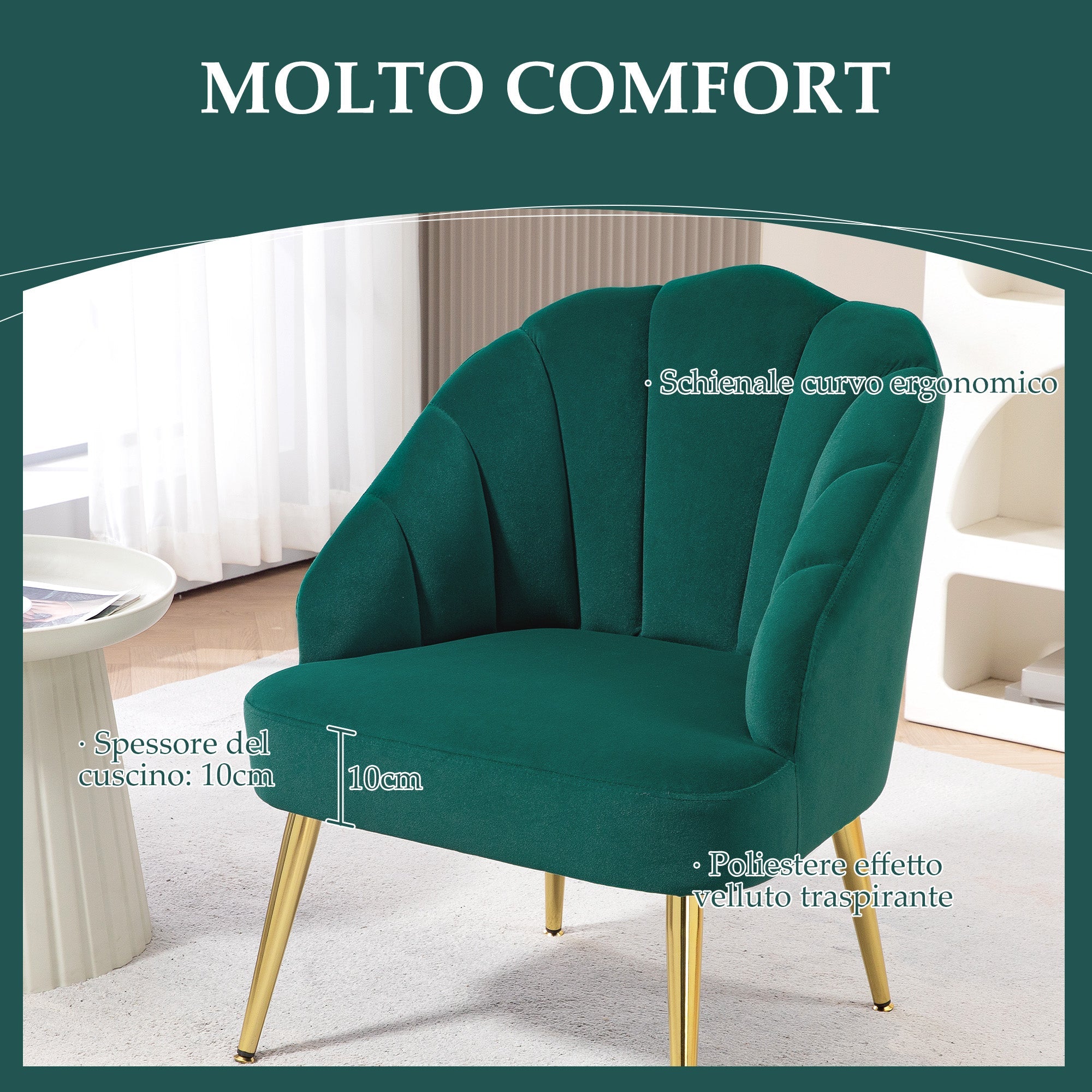 Poltrona a Conchiglia Stile Art Deco 63x65x84 cm in Velluto Verde