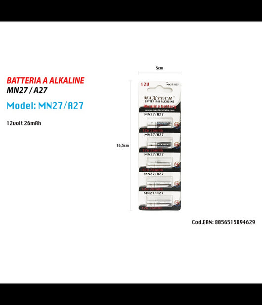 5 Pile Batteria Alkaline Mn27/a27 12v Pila Alcalina 26mah Per Telecomando Maxtech         