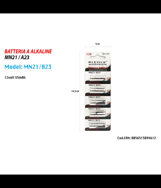 5 Pile Batterie Alkaline Mn21/a23 12v 55 Mah Alcalina Per Telecomando Maxtech         