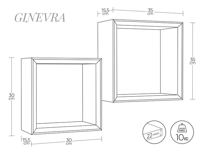 Set 2 Mensole Cubo da Parete Quadrato in Fibra di Legno Ginevra Rovere Moka