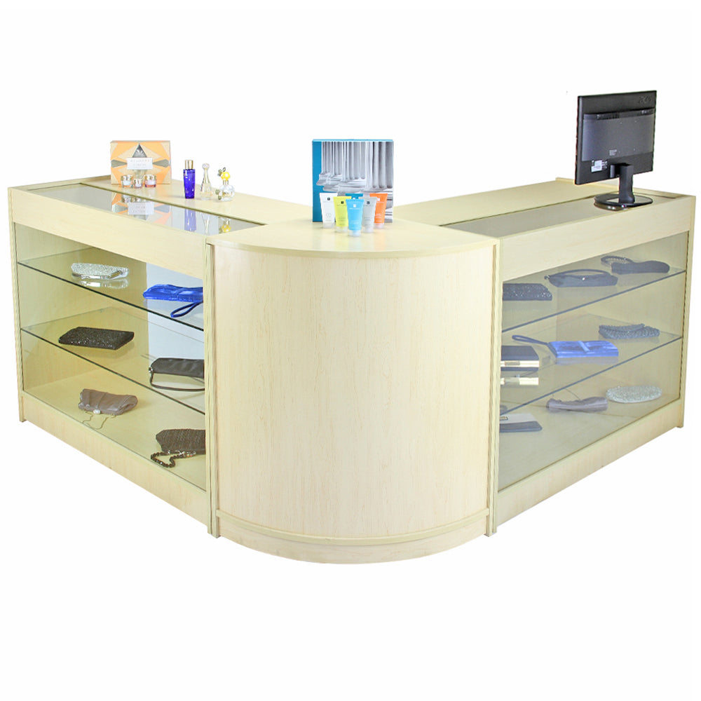 Set Horizon con 3 Banconi da Negozio e Reception con Finitura in Acero Laminato