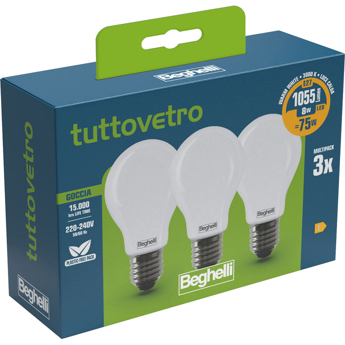 BEGHELLI LED 58050 GOCCIA E27 W8 CA3000K SET 3  CF 10 