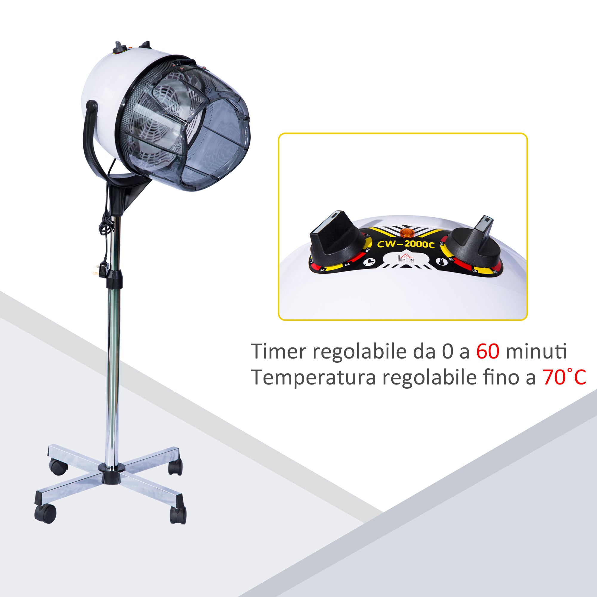 EasyComfort Casco Asciugacapelli Professionale Portatile con Ruote Girevoli, Altezza e Temperatura Regolabili Timer 60 Minuti, 65x65x115-165cm