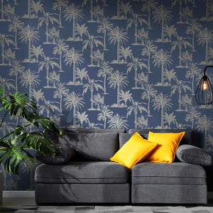 DUTCH WALLCOVERINGS Carta da Parati Alberi Tropicali Blu e Argento