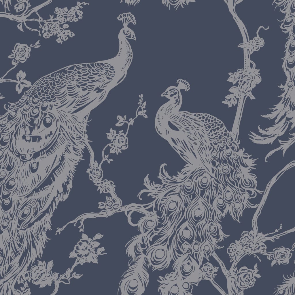 DUTCH WALLCOVERINGS Carta da Parati Pavone Blu Marino e Argento