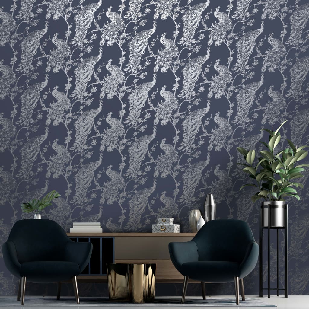 DUTCH WALLCOVERINGS Carta da Parati Pavone Blu Marino e Argento