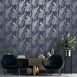 DUTCH WALLCOVERINGS Carta da Parati Pavone Blu Marino e Argento