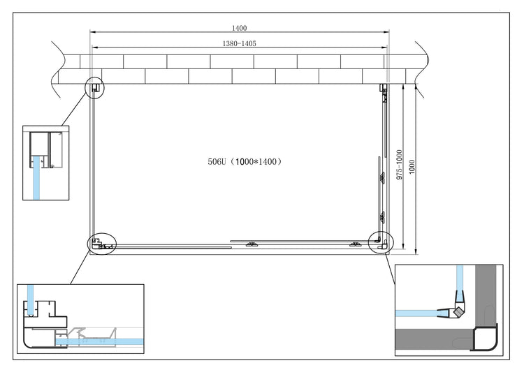 Box Cabina Doccia 3 Lati Vetro Fisso Laterale + Due Lati Scorrevoli Vetro 6 mm H 190 cm 100x140x100