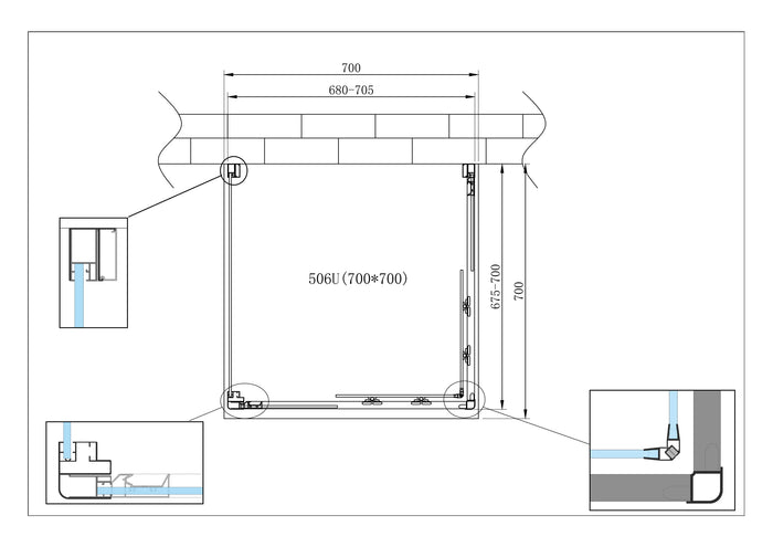 Box Cabina Doccia 3 Lati Vetro Fisso Laterale + Due Lati Scorrevoli Vetro 6 mm H 190 cm 70x70x70