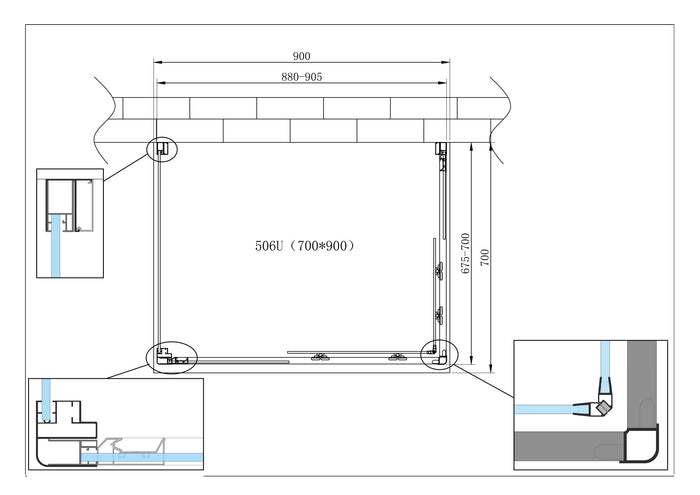 Box Cabina Doccia 3 Lati Vetro Fisso Laterale + Due Lati Scorrevoli Vetro 6 mm H 190 cm 70x90x70