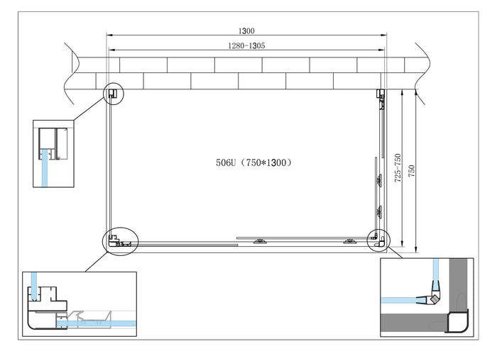 Box Cabina Doccia 3 Lati Vetro Fisso Laterale + Due Lati Scorrevoli Vetro 6 mm H 190 cm 75x130x75