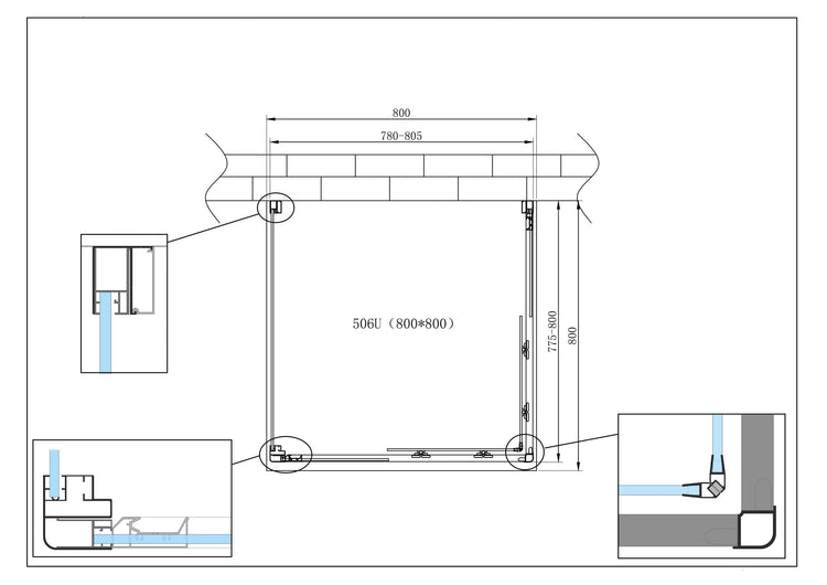 Box Cabina Doccia 3 Lati Vetro Fisso Laterale + Due Lati Scorrevoli Vetro 6 mm H 190 cm 80x80x80