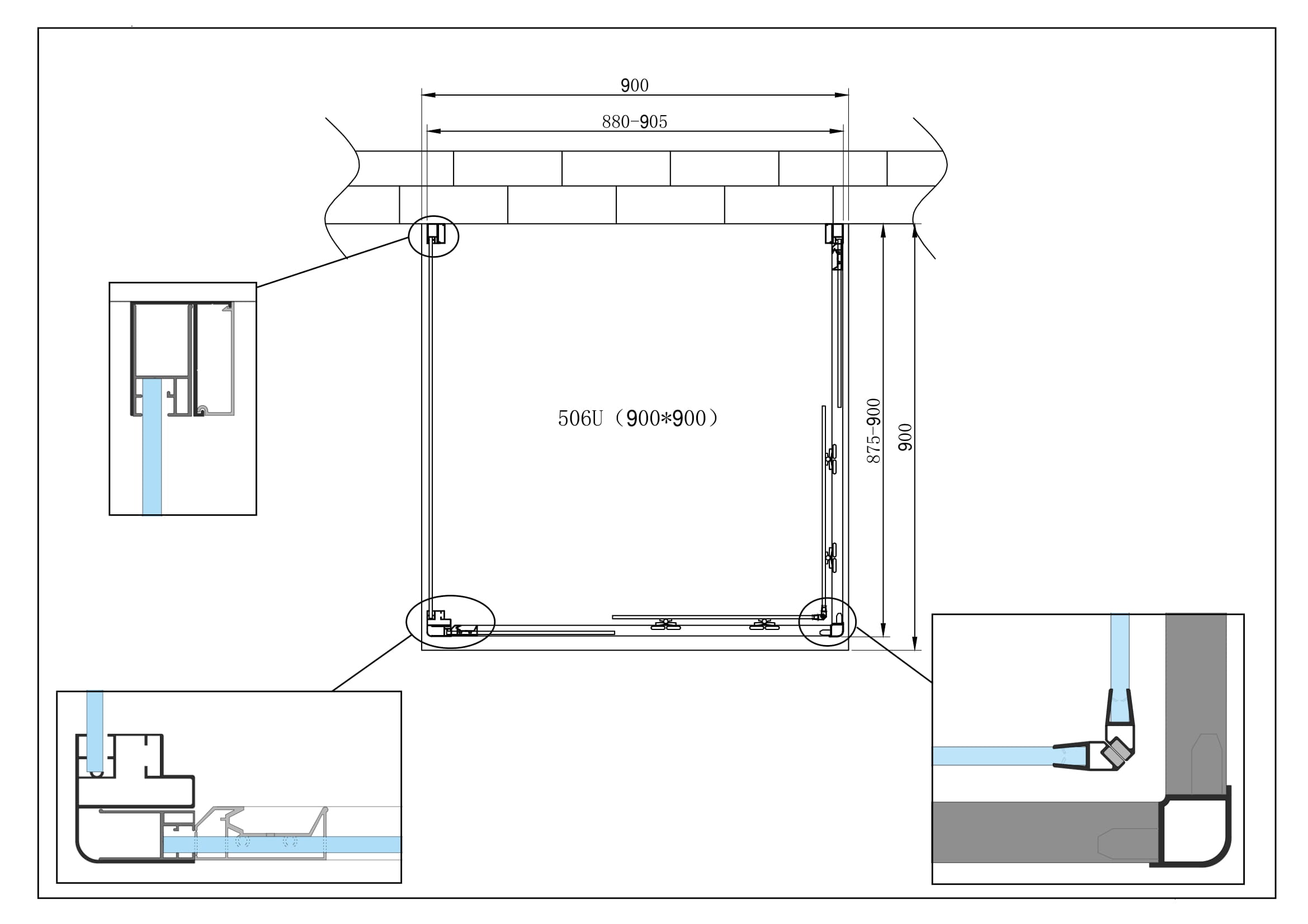 Box Cabina Doccia 3 Lati Vetro Fisso Laterale + Due Lati Scorrevoli Vetro 6 mm H 190 cm 90x90x90