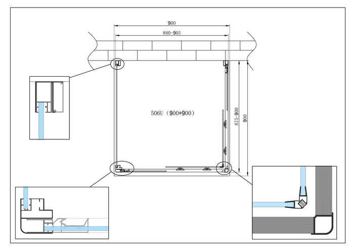 Box Cabina Doccia 3 Lati Vetro Fisso Laterale + Due Lati Scorrevoli Vetro 6 mm H 190 cm 90x90x90