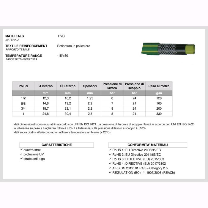 Tubo innaffio per irrigazione 4 strati antialga Verde Flessibile 1/2" da 15 mt