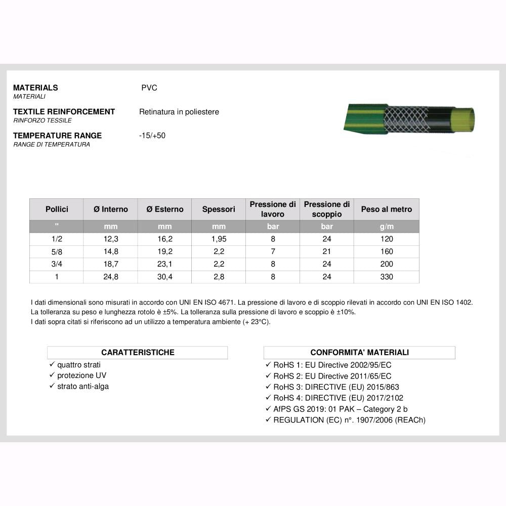 Tubo innaffio per irrigazione 4 strati antialga Verde Flessibile 3/4" da 25 mt