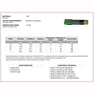 Tubo innaffio per irrigazione 4 strati antialga Verde Flessibile 5/8" da 25 mt