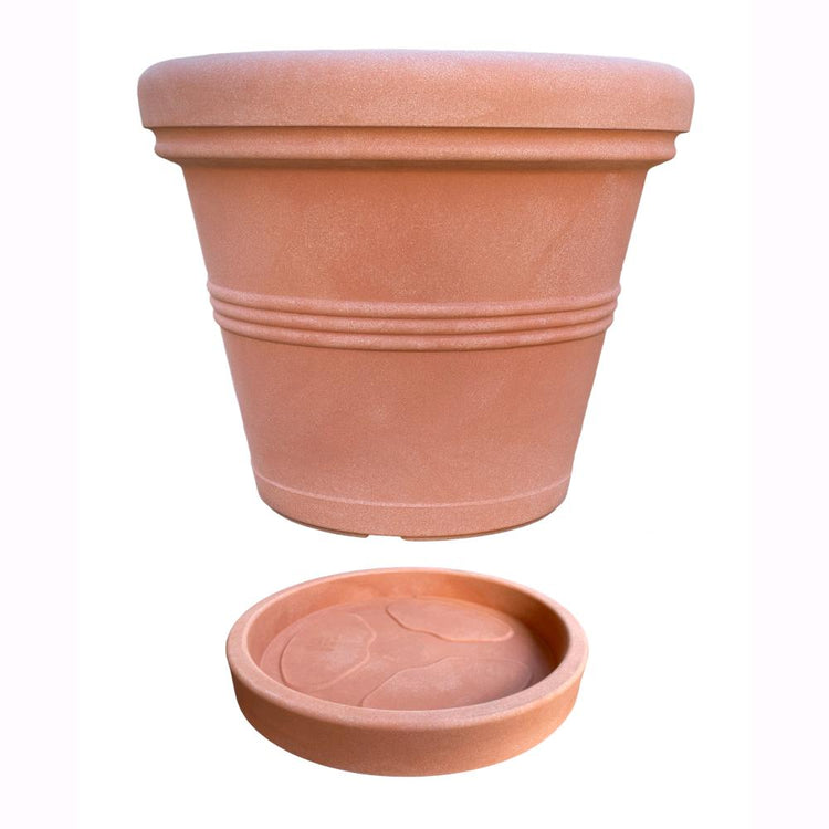 Vaso + Sottovaso in Resina Doppio Bordo Liscio Color Terracotta Impruneta 35 cm