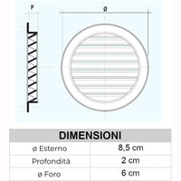 Griglia Aerazione Tonda di ventilazione da Incasso In Abs Bianco Foro da ⌀ 6 cm