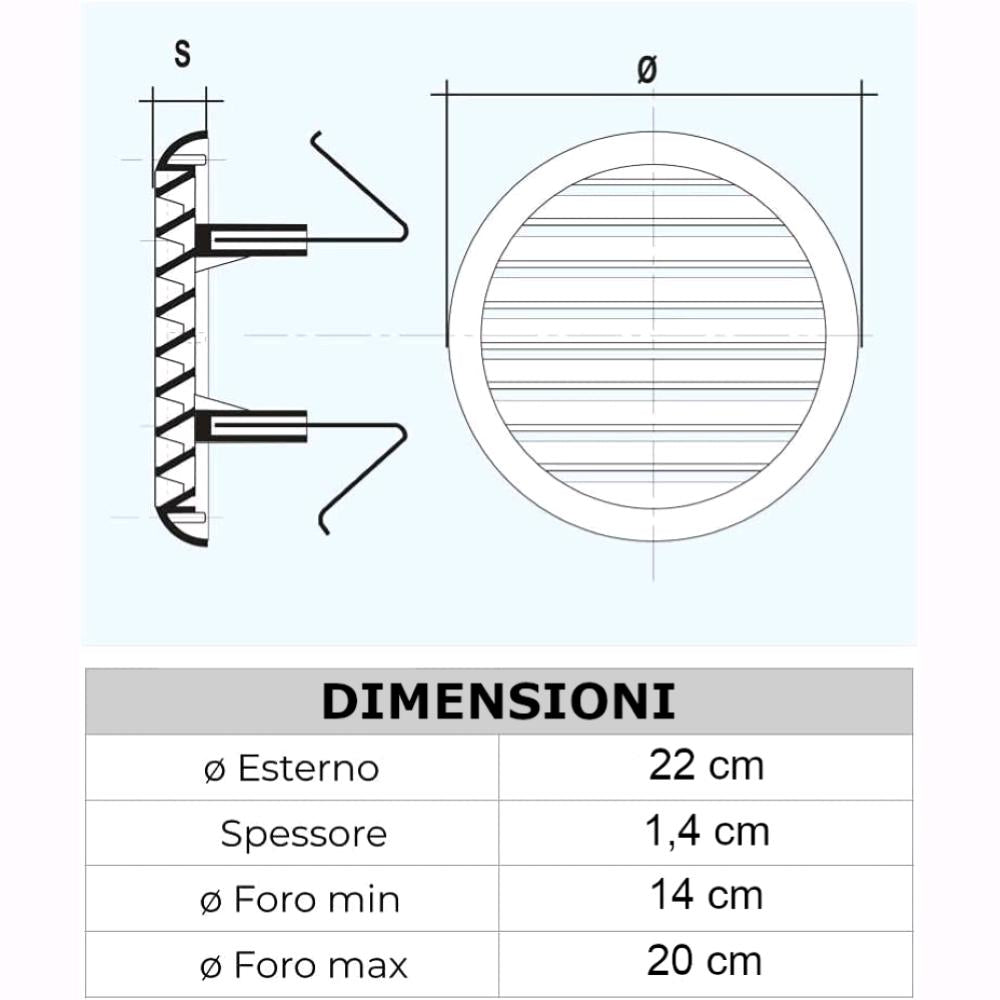 Griglia Aerazione Universale Con Molla In Abs Bianco per foro  ⌀  da 14 a 20 cm