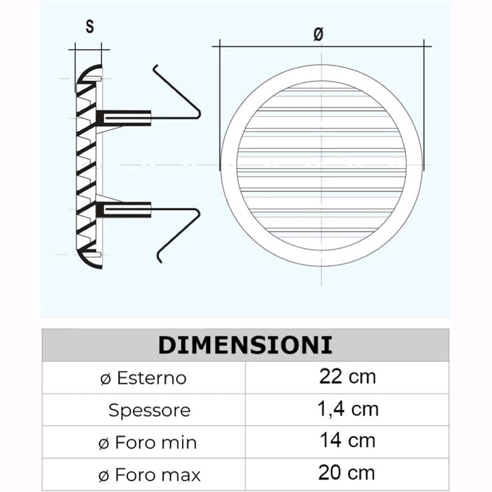 Griglia Aerazione Universale Con Molla In Abs Bianco per foro  ⌀  da 14 a 20 cm