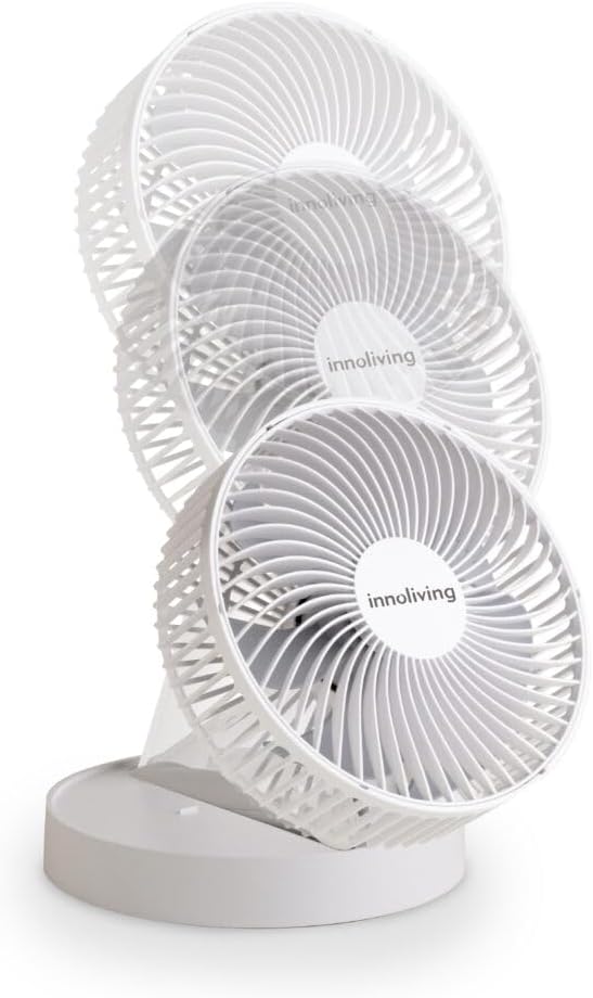 Innoliving Ventilatore Pieghevole Ricaricabile Senza Fili,Altezza Regolabile, 3 Velocità, Angolo 90°, Batteria Litio 1800mAh, Ricarica USB, Portatile, Conveniente (Bianco, 20 cm Pieghevole)