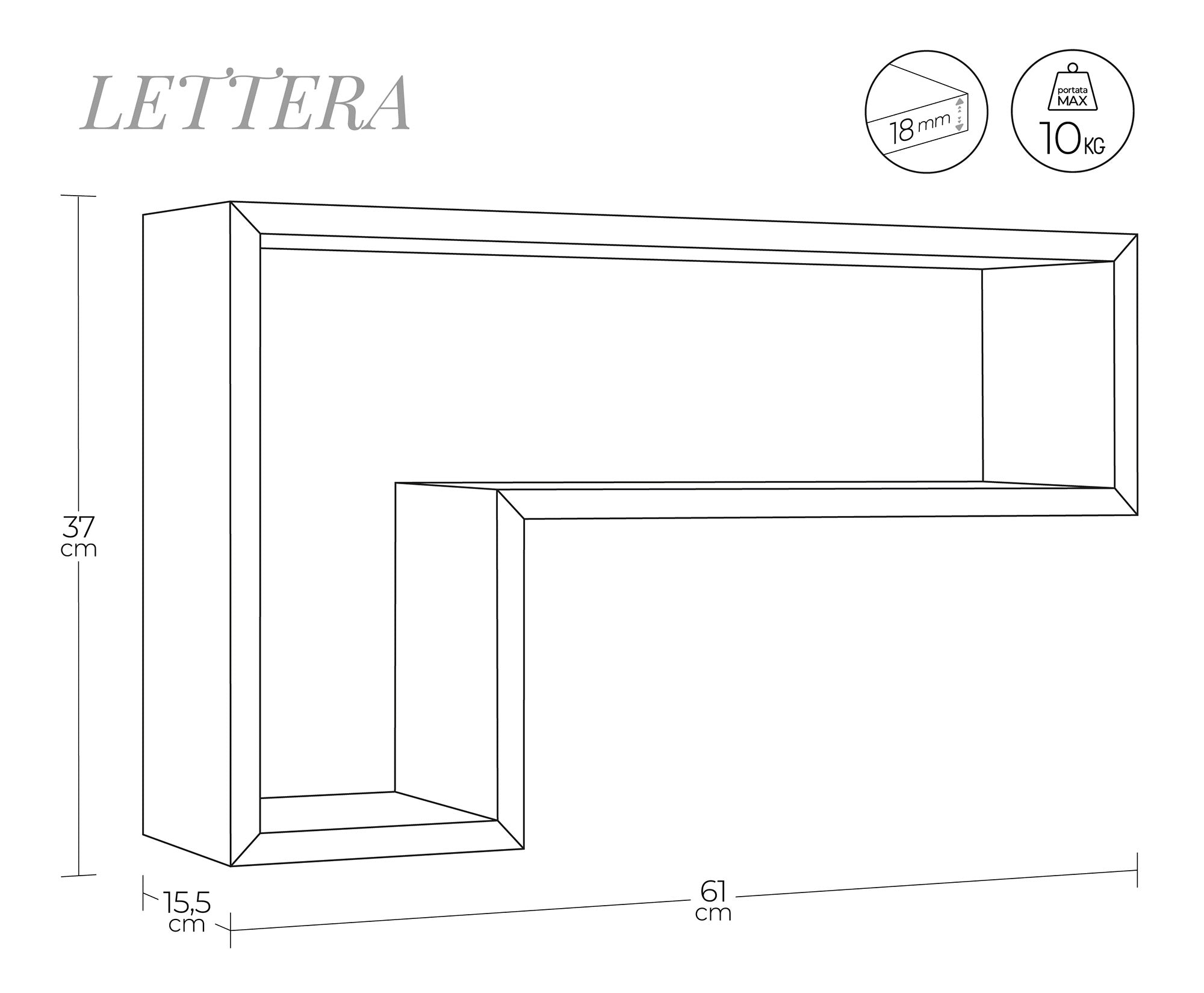 Mensola da Parete a Forma di L 61x37x15,5 cm in Fibra di Legno Lettera Marrone Talpa