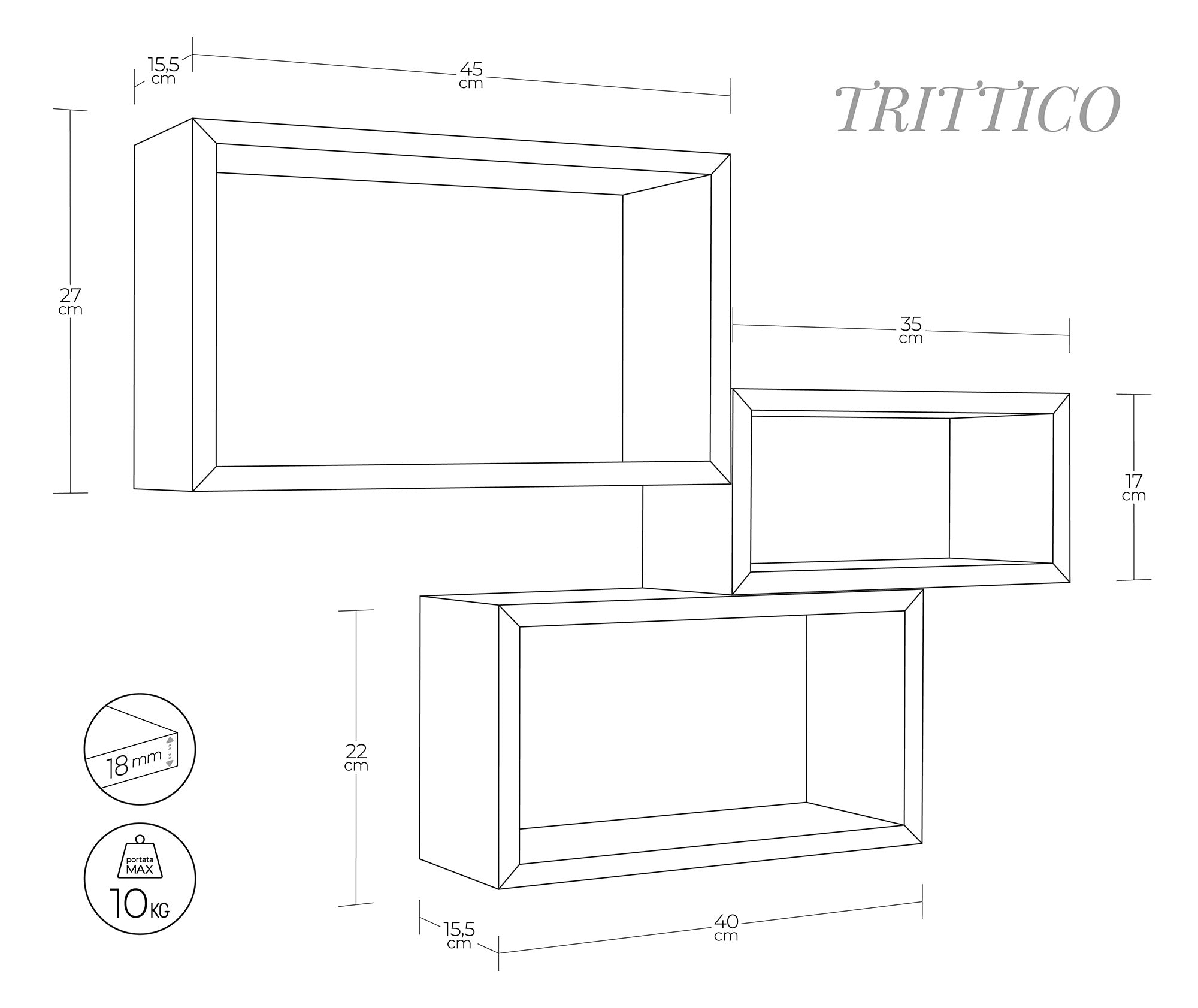 Set 3 Mensole da Parete Rettangolare in Fibra di Legno Trittico Blu Baltico