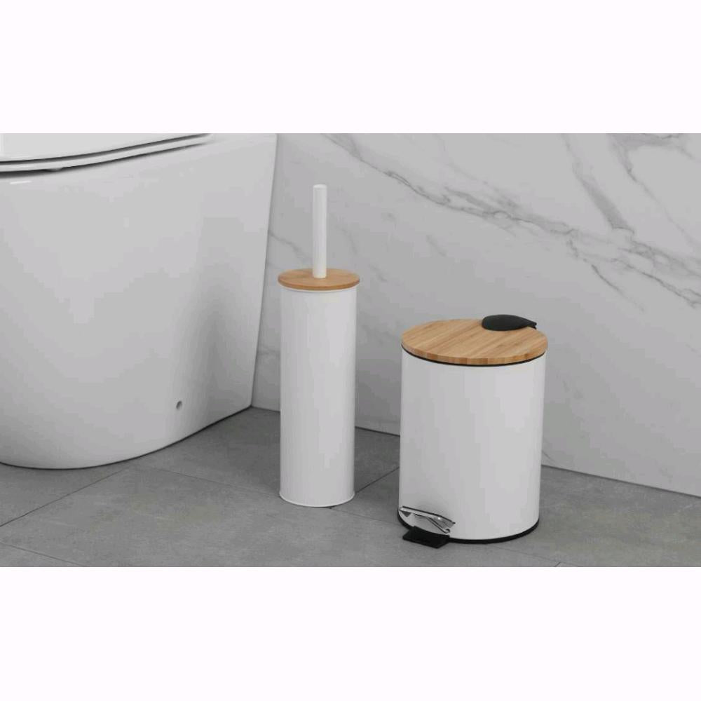 Pattumiera 3 Litri per Bagno in Acciaio Colore Bianco Opaco e Bambù per WC