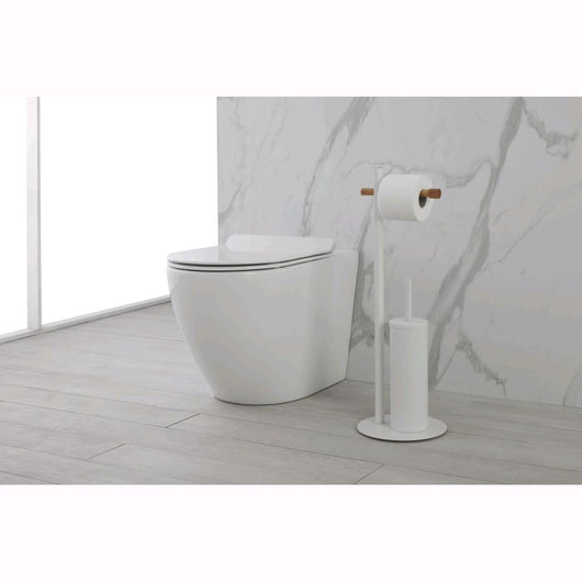 Piantana Porta scopino + Porta Rotolo da Bagno Acciaio Colore Bianco Opaco Bambù