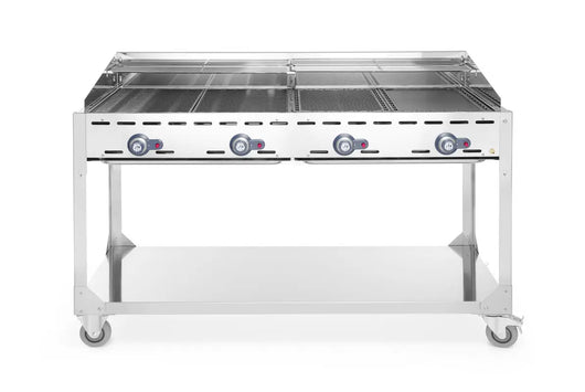 Green Fire barbecue con 4 bruciatori, HENDI, Profi Line, con base su ruote, Grigio chiaro, 22kW