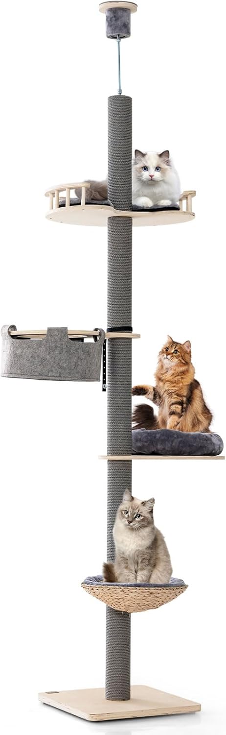 Albero per Gatti da Pavimento a Soffitto con Altezza Regolabile da 236 a 271 cm, Torre per Gatti in Legno a 5 Piani con Amaca, Letto e Cesta e Tiragraffi